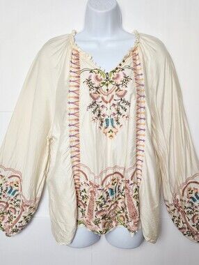 Sundance Silk Floral Embroidered Boho Balloon Sleeve V-Neck Blouse L Petite